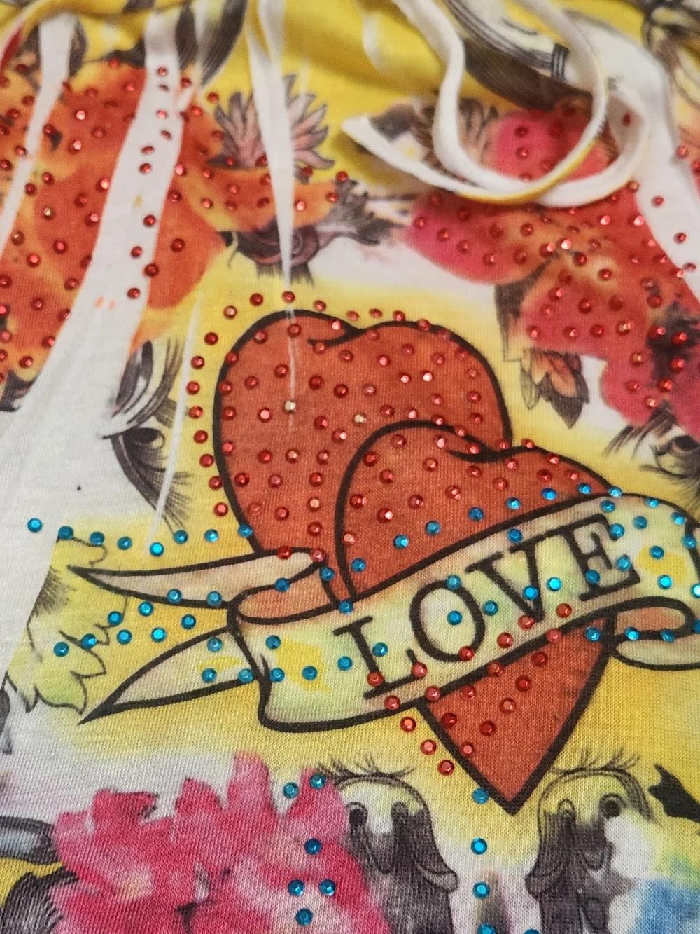 Y2K Babydoll Tatoo Mini Dresses Heart Rhinestone Ed Hardy Style Paper Thin Beach